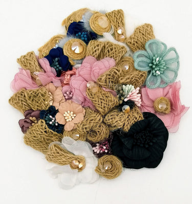 Handcrafted Jute Floral Applique in Pink, Black, Navy Blue and Teal Blue